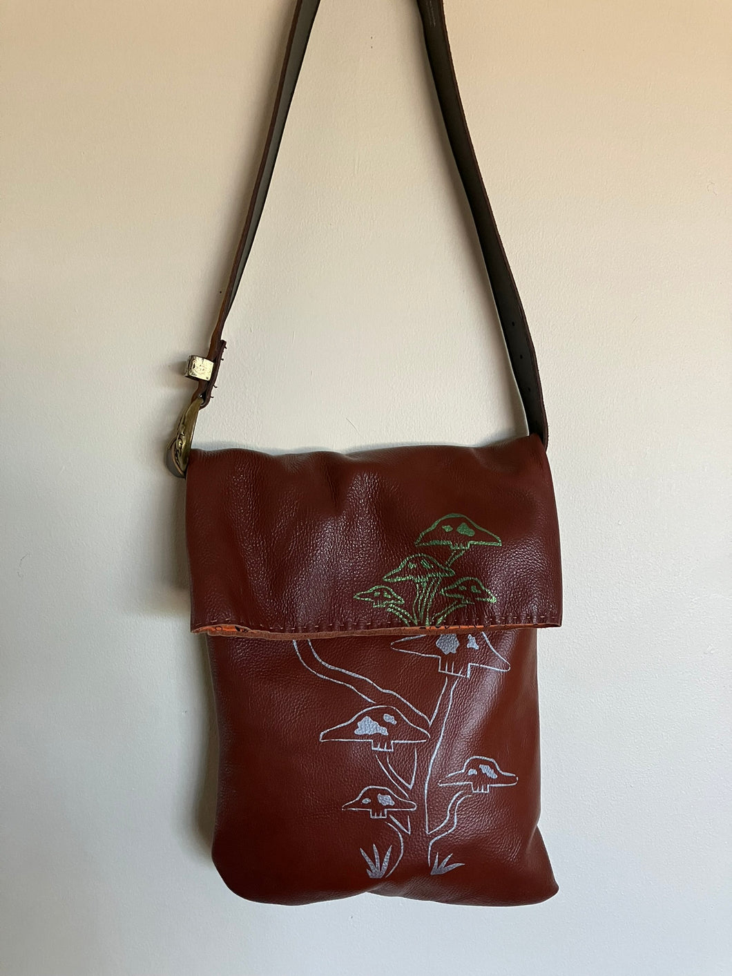 Brown Fold Over Bag with Skull Mushroom Cluster Printed on Front