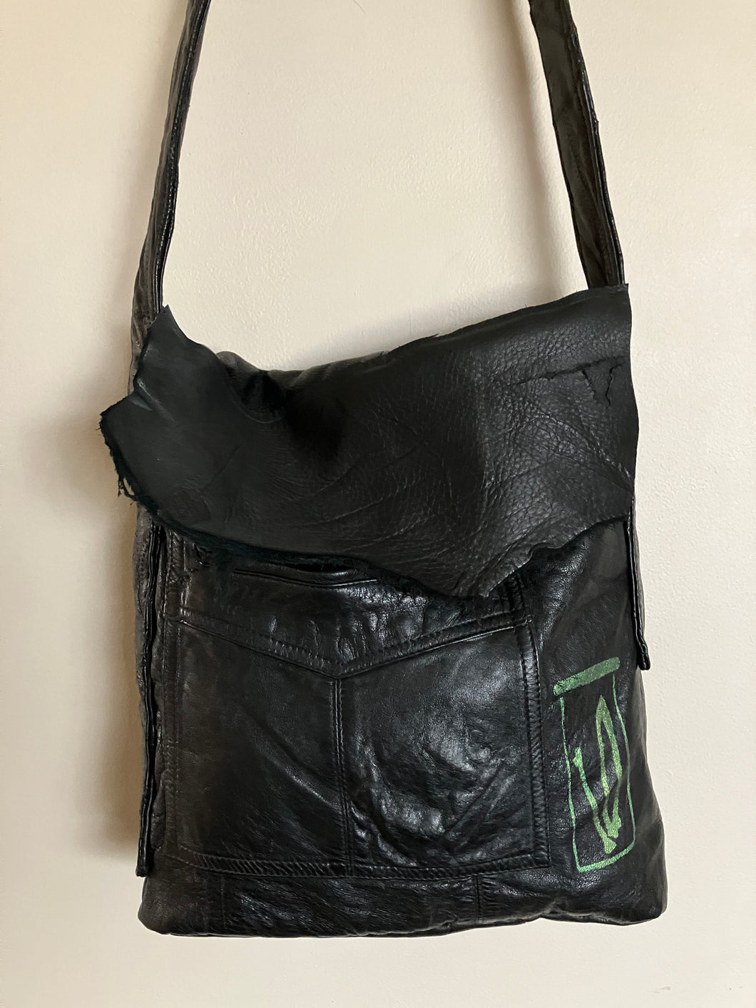 Black Satchel bag with Green Bottle of Bones Screen print on Front